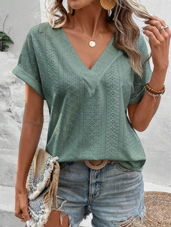 „Amazon Independent Station Cross-Border Supply“ pavasario ir vasaros nauji pupelių žalios spalvos V formos iškirptės žakardo megzti marškinėliai