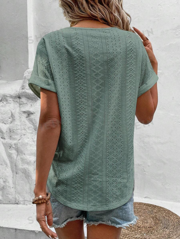 „Amazon Independent Station Cross-Border Supply“ pavasario ir vasaros nauji pupelių žalios spalvos V formos iškirptės žakardo megzti marškinėliai