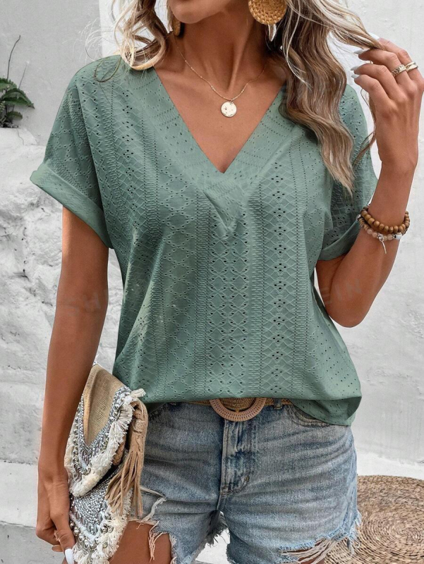 „Amazon Independent Station Cross-Border Supply“ pavasario ir vasaros nauji pupelių žalios spalvos V formos iškirptės žakardo megzti marškinėliai