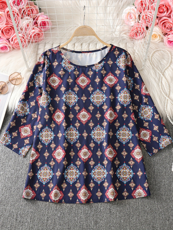 Лято 2025, нов стил, готин и дишащ топ с 3/4 ръкав и щампа, със стилен и професионален вид за пътуване до работа