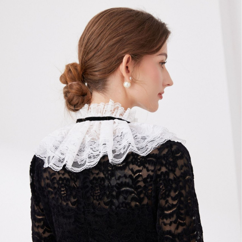 Френски ретро дантелен малък шал с двойни връзки, сладка декоративна яка, благородна принцесна яка, дамска фалшива яка с ухо