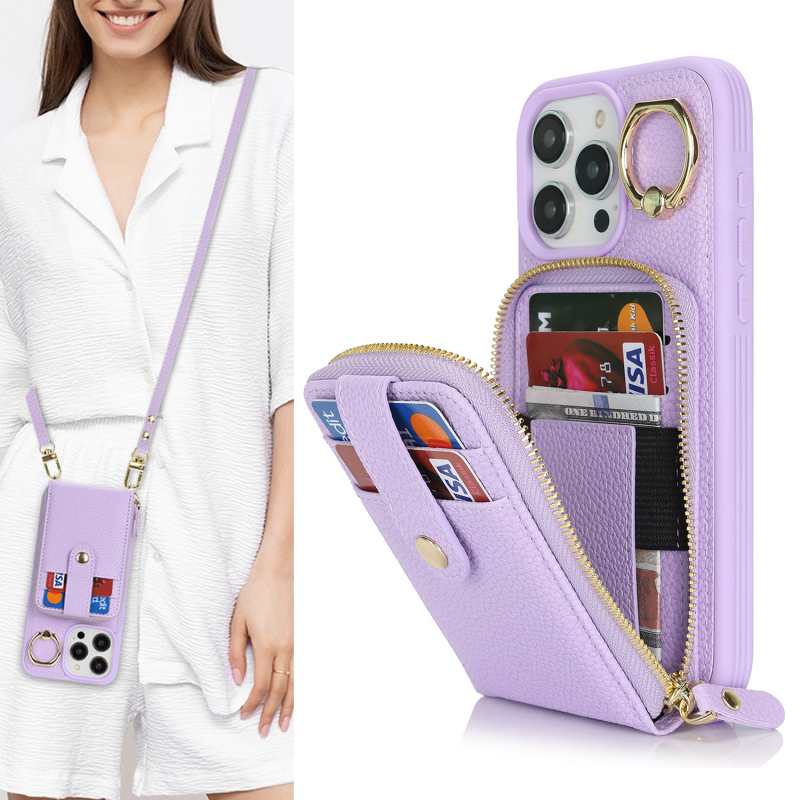 Θήκη χιαστί με φερμουάρ για iPhone 16/15Pro Max 14/13/12 με θήκη για κάρτα-δαχτυλίδι