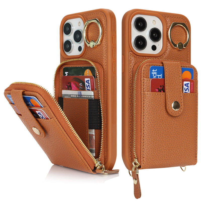 Θήκη χιαστί με φερμουάρ για iPhone 16/15Pro Max 14/13/12 με θήκη για κάρτα-δαχτυλίδι