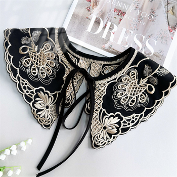 Karštas išpardavimas tarpvalstybiniu būdu parduodamas netikras apykaklės audinys, juodas kontrastingas siuvinėtas tuščiaviduris apykaklės gėlių raišteliais surišamas marškinių apykaklės audinys, universalus plaukų šalikas