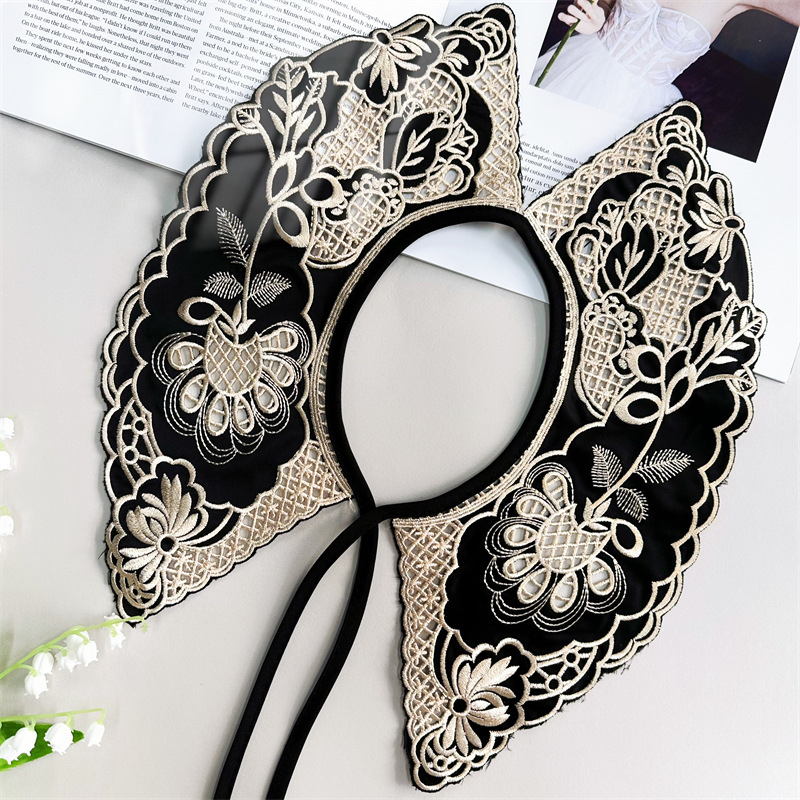 Karštas išpardavimas tarpvalstybiniu būdu parduodamas netikras apykaklės audinys, juodas kontrastingas siuvinėtas tuščiaviduris apykaklės gėlių raišteliais surišamas marškinių apykaklės audinys, universalus plaukų šalikas