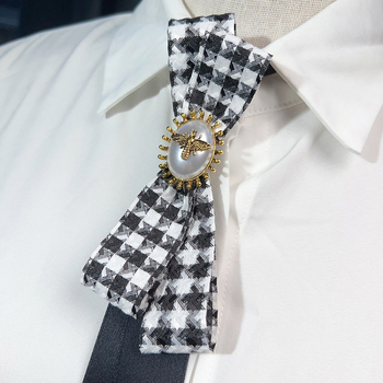 Madingi europietiški ir amerikietiški retro stiliaus juodi „Houndstooth“ stiliaus kaspino, bitės dizaino nišiniai marškiniai be mazgo moteriški kaklaraiščiai