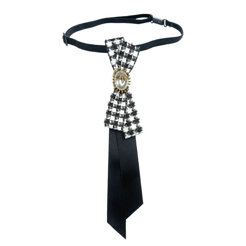 Madingi europietiški ir amerikietiški retro stiliaus juodi „Houndstooth“ stiliaus kaspino, bitės dizaino nišiniai marškiniai be mazgo moteriški kaklaraiščiai