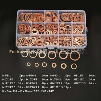 150 vnt. varinių tarpiklių rinkinys dėžutėje su varine tarpine, varinė plokščia poveržlė M5-M22