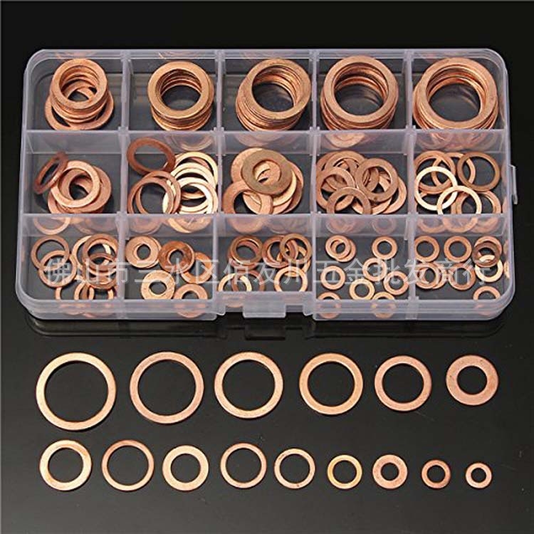 150 vnt. varinių tarpiklių rinkinys dėžutėje su varine tarpine, varinė plokščia poveržlė M5-M22