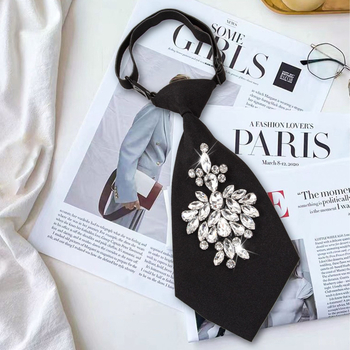 Moteriškas trumpas blizgus kaklaraištis su cirkoniais, madingas, saldus kaklaraištis be raištelių, balti marškiniai, kaklaraiščio aksesuarai