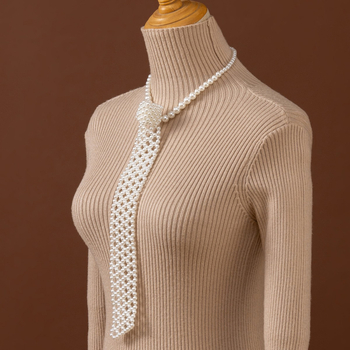 Moteriškas kaklaraištis su dirbtiniais perlais, rankomis austas madingas marškinių formos kaklaraištis, mažas kaklaraištis su perlais, tinkantis visiems metų laikams
