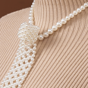 Moteriškas kaklaraištis su dirbtiniais perlais, rankomis austas madingas marškinių formos kaklaraištis, mažas kaklaraištis su perlais, tinkantis visiems metų laikams