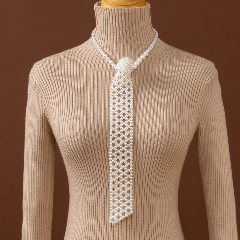 Moteriškas kaklaraištis su dirbtiniais perlais, rankomis austas madingas marškinių formos kaklaraištis, mažas kaklaraištis su perlais, tinkantis visiems metų laikams