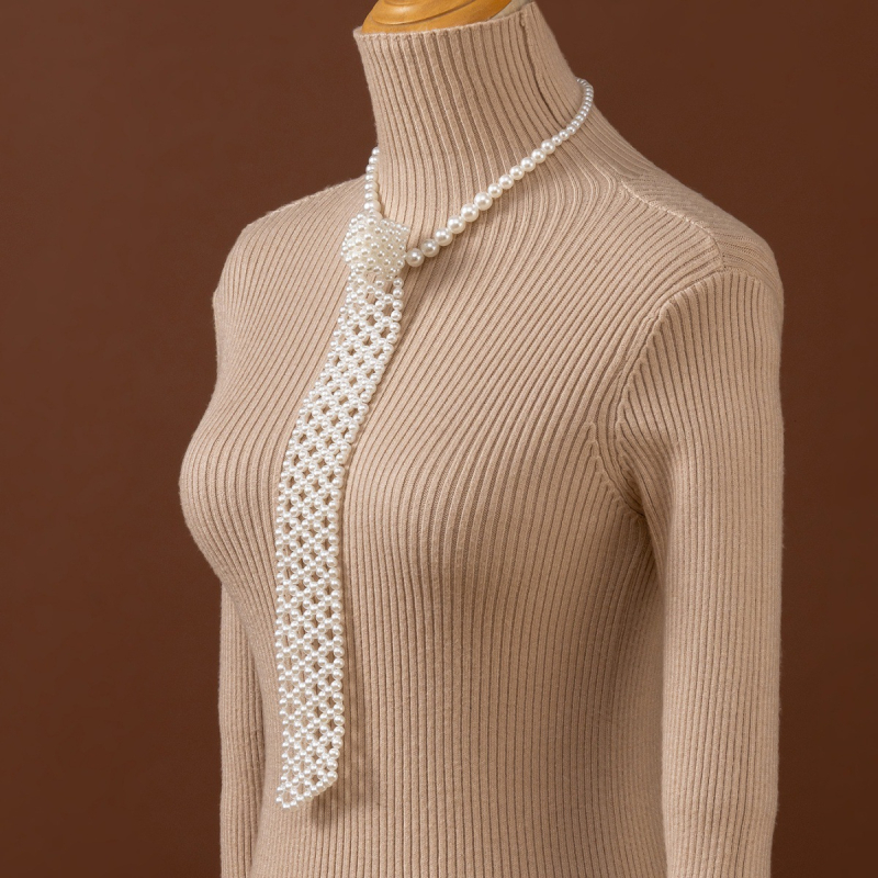 Moteriškas kaklaraištis su dirbtiniais perlais, rankomis austas madingas marškinių formos kaklaraištis, mažas kaklaraištis su perlais, tinkantis visiems metų laikams