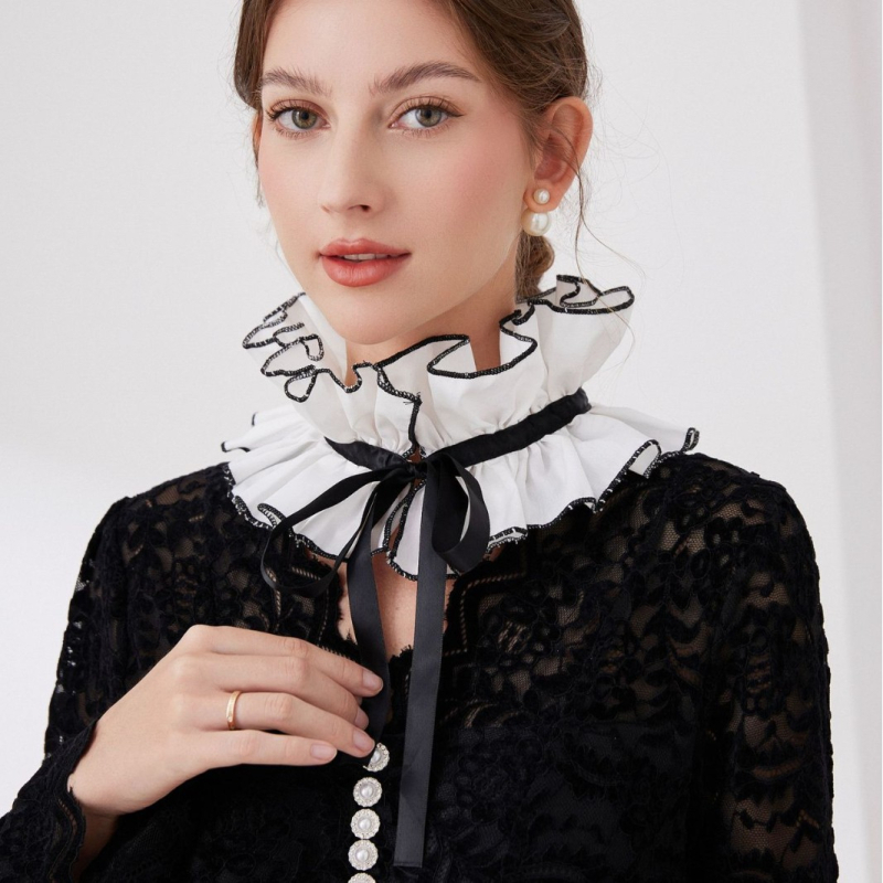 25 Nauja rūmų apykaklė su raukiniais, juodai balta medvilnine kaklo dalimi, su klostuotomis kaklo apsaugos detalėmis, vertikali apykaklė, prancūziškas šalikas, netikras apykaklės išorinis sparnas.