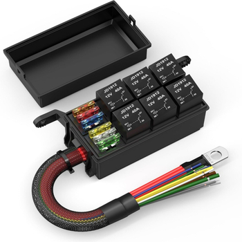 12 V relės 6 padėčių relės saugiklių dėžutė, iš anksto sujungta vandeniui atspari relės dėžutė, 6 padėčių saugiklių relė