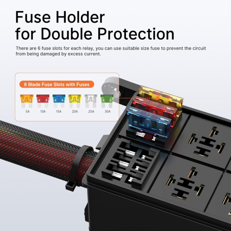 12 V relės 6 padėčių relės saugiklių dėžutė, iš anksto sujungta vandeniui atspari relės dėžutė, 6 padėčių saugiklių relė