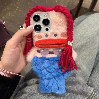 Carcasă de telefon Ins Plush Mermaid pentru Apple 15, iPhone 16, drăguță 14, desene animate 13/12, moale, 11, femei