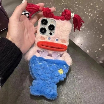 Carcasă de telefon Ins Plush Mermaid pentru Apple 15, iPhone 16, drăguță 14, desene animate 13/12, moale, 11, femei