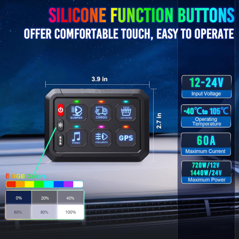 Šešių mygtukų jungiklių skydelis su 6 padėčių 3 režimų perjungimo LED jungikliu, RGB reguliuojamas apšvietimas, tinkantis jachtoms, 7 spalvos