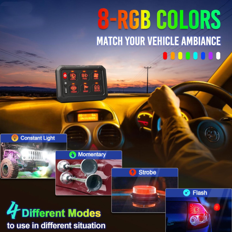 Šešių mygtukų jungiklių skydelis su 6 padėčių 3 režimų perjungimo LED jungikliu, RGB reguliuojamas apšvietimas, tinkantis jachtoms, 7 spalvos