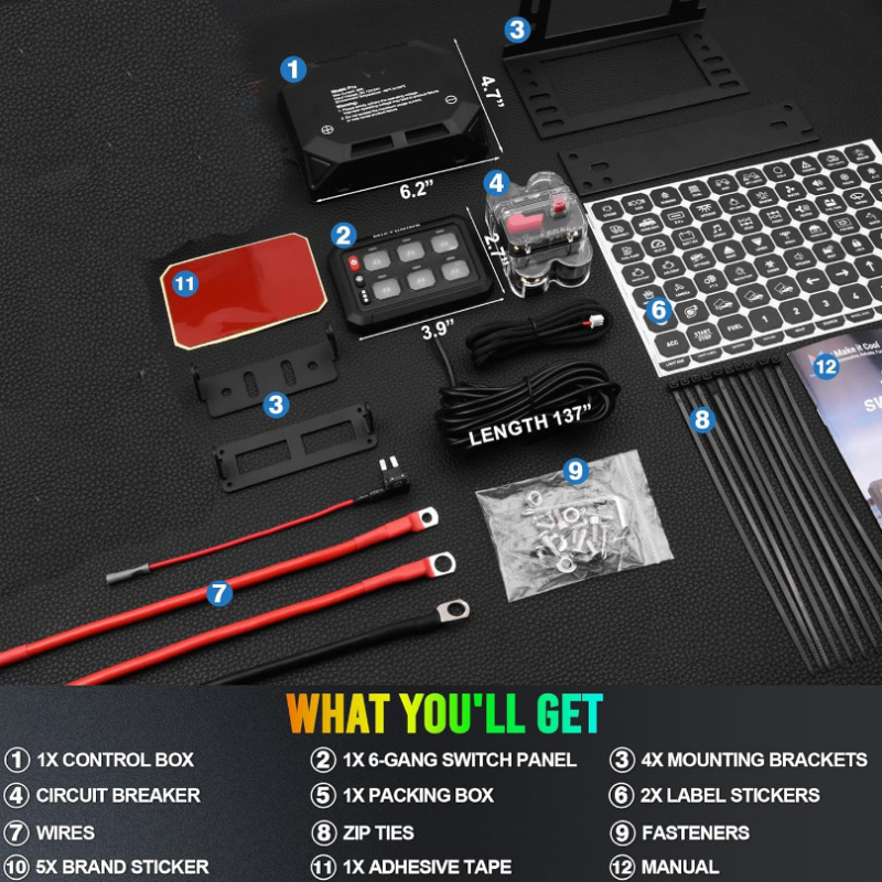 Šešių mygtukų jungiklių skydelis su 6 padėčių 3 režimų perjungimo LED jungikliu, RGB reguliuojamas apšvietimas, tinkantis jachtoms, 7 spalvos