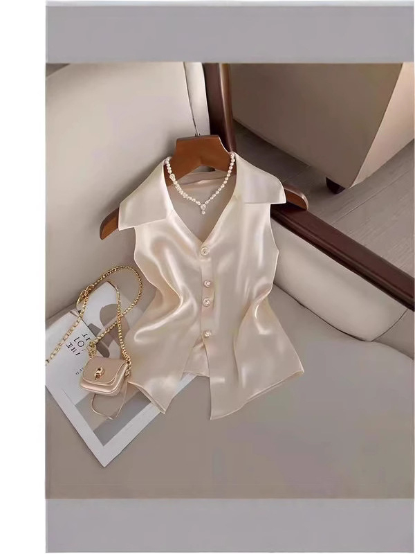 8383 Κομψό, Μικρό Πουκάμισο Western Style High-end Chic 2024 Design Sense Light Mature French Niche Unique Beautiful Champagne Color