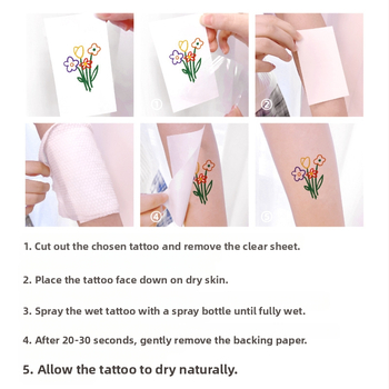 Maza, svaigas krāsas tetovējuma uzlīme stilā ar mazu rakstu, multfilmas pirkstu, uzacu burtu, ziedu, jauka tetovējuma uzlīme