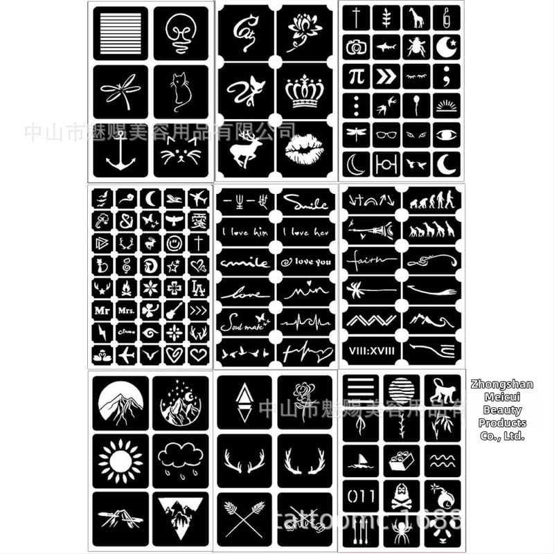 Piiriülese tätoveeringu väljalõike mall, mahla tätoveeringu hennaga, henna abistav isetehtud tätoveeringu malli versioon, kleebis