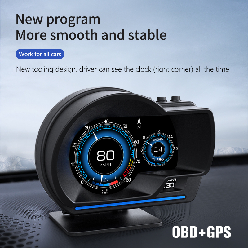 Instrument LCD multifuncțional P6 pentru mașină OBD, Detector de afișare Head-Up modificat, turbină cu 6 viteze pentru temperatura apei