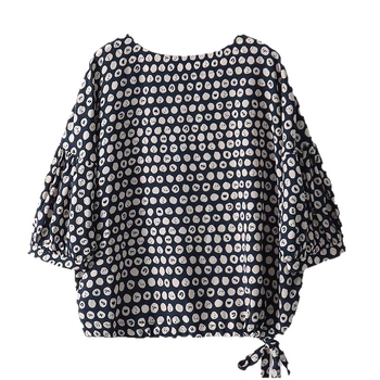 Копринена риза с черничев цвят, дамска риза с кръгло деколте и половин ръкав, пролетно-лятна 2025, френска мода, щампован топ с буфан ръкав, за бяло