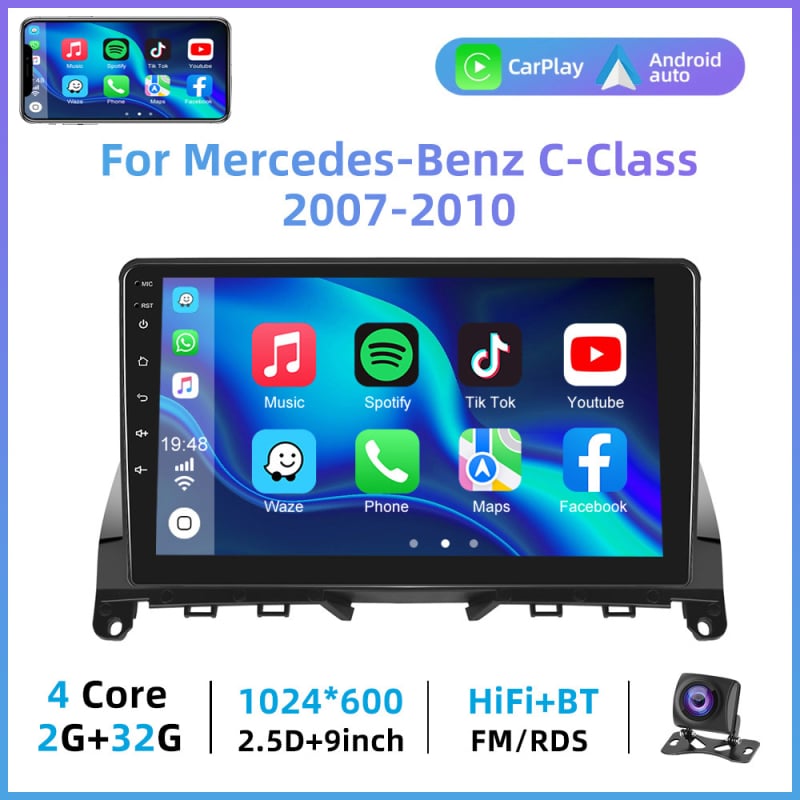 Potrivit pentru Mercedes-Benz C-Class 07-10, ecran mare, navigator Carplay Android, imagine pentru mers înapoi, mașină all-in-one