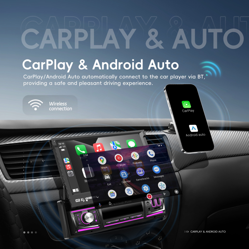 Universāls 7 collu horizontāls ekrāns Android 15 ar vienu pogu manuāli salokāms ekrāns ar bezvadu CarPlay automašīnas centrālās vadības shēmu, viss vienā ierīcē