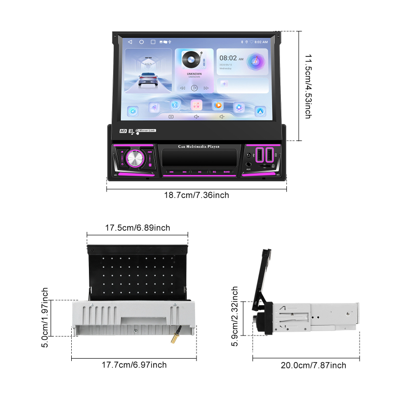 Universāls 7 collu horizontāls ekrāns Android 15 ar vienu pogu manuāli salokāms ekrāns ar bezvadu CarPlay automašīnas centrālās vadības shēmu, viss vienā ierīcē