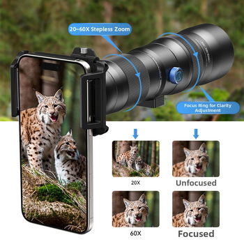Новият телеобектив за мобилен телефон Apexel 20-60X с висока разделителна способност, вътрешно фокусиране, огледало за наблюдение на луната, концерти и птици на открито