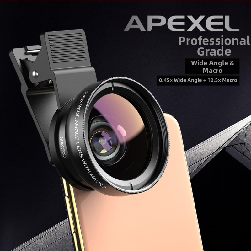 Apexel Obiectiv extern pentru telefon mobil, unghi larg 0,45X, macro 12,5X, două în unul, selfie de înaltă definiție, unghi larg de înaltă definiție