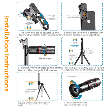 Mobiliojo telefono teleskopo galvutė Didelės raiškos teleobjektyvas Tiesioginis vaizdo įrašas Koncertas Žvejyba Plataus kampo makro didelės galios objektyvas