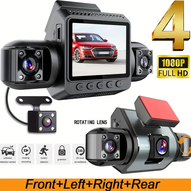 Înregistrator auto WiFi cu patru lentile, HD 1080P, viziune nocturnă în infraroșu, cu patru înregistrări