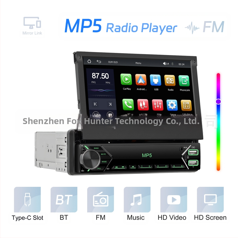 7 collu horizontāls ekrāns ar vadu CarPlay/teleskopisku ekrānu, universāls MP5 atskaņotājs, atpakaļgaitas automašīnas centrālās vadības integrēta iekārta