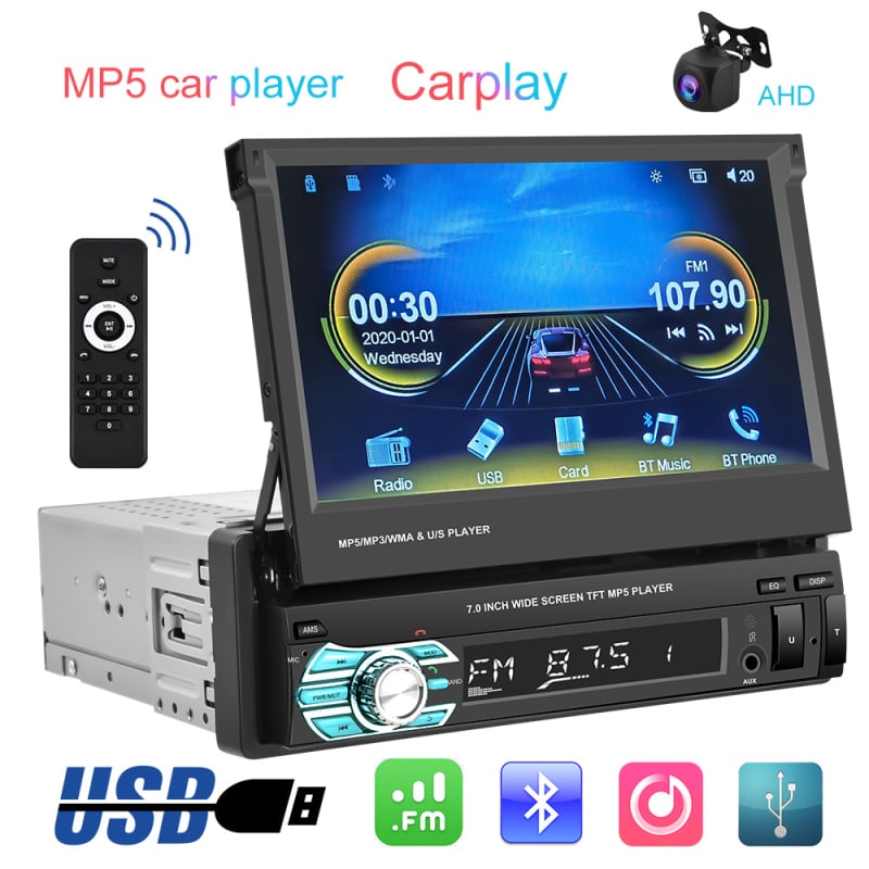 Player video MP5 pentru mașină cu ecran telescopic de 7 inch cu un singur ax, funcție carplay cu fir, MP4, imagine pentru mersul înapoi