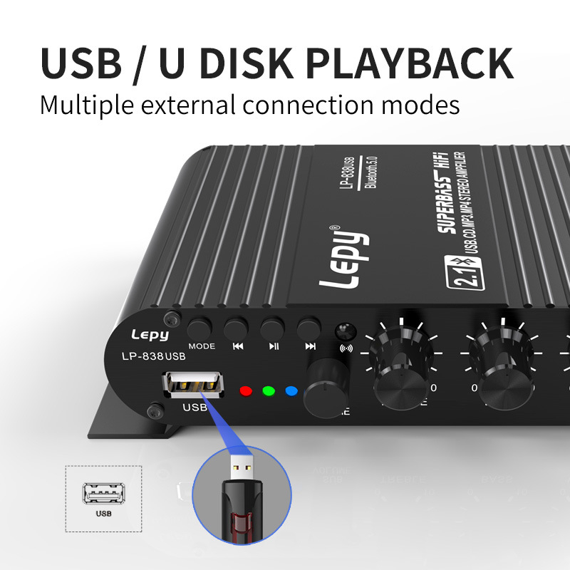 Lepy838Usb Bluetooth субуфер усилвател на мощност компютър 12V автомобил домашен усилвател на мощност U диск музика без загуби
