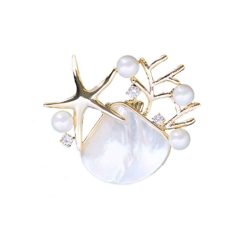 Korėjietiška naujos giliavandenės kriauklės imitacijos sagės versija, madinga kalnų krištolo ir jūros žvaigždės sagė, elegantiški, elegantiški palto aksesuarai, didmeninė prekyba sandėlyje