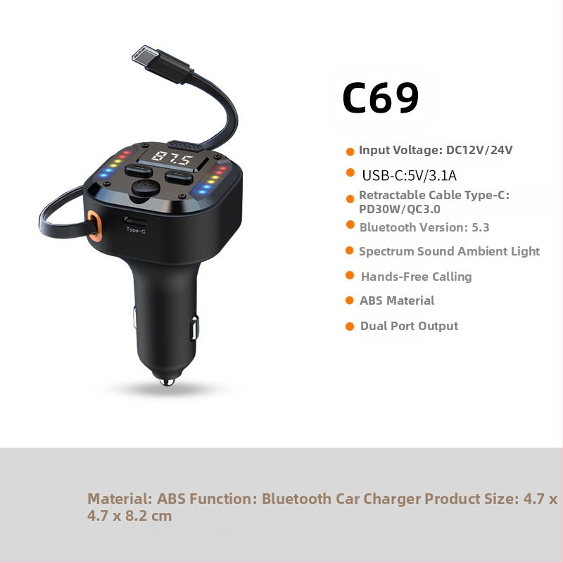 C69 jauns 30Wpd ātras uzlādes divu vienā ievelkams kabelis automašīnas Bluetooth atskaņotājam USB cigarešu šķiltavas FM raidītājam
