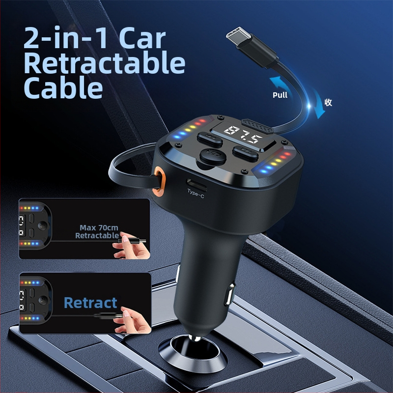 C69 Нов 30Wpd Бързо зареждане Две в едно Прибиращ се кабел за кола Bluetooth плейър USB запалка FM предавател