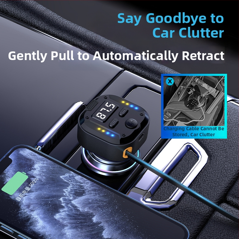 C69 Нов 30Wpd Бързо зареждане Две в едно Прибиращ се кабел за кола Bluetooth плейър USB запалка FM предавател