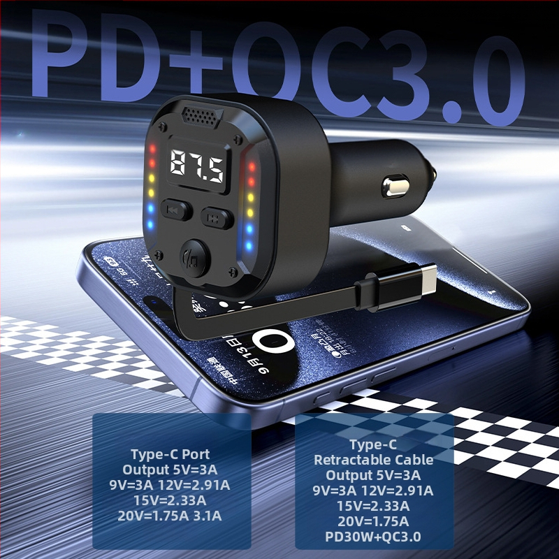 C69 Нов 30Wpd Бързо зареждане Две в едно Прибиращ се кабел за кола Bluetooth плейър USB запалка FM предавател