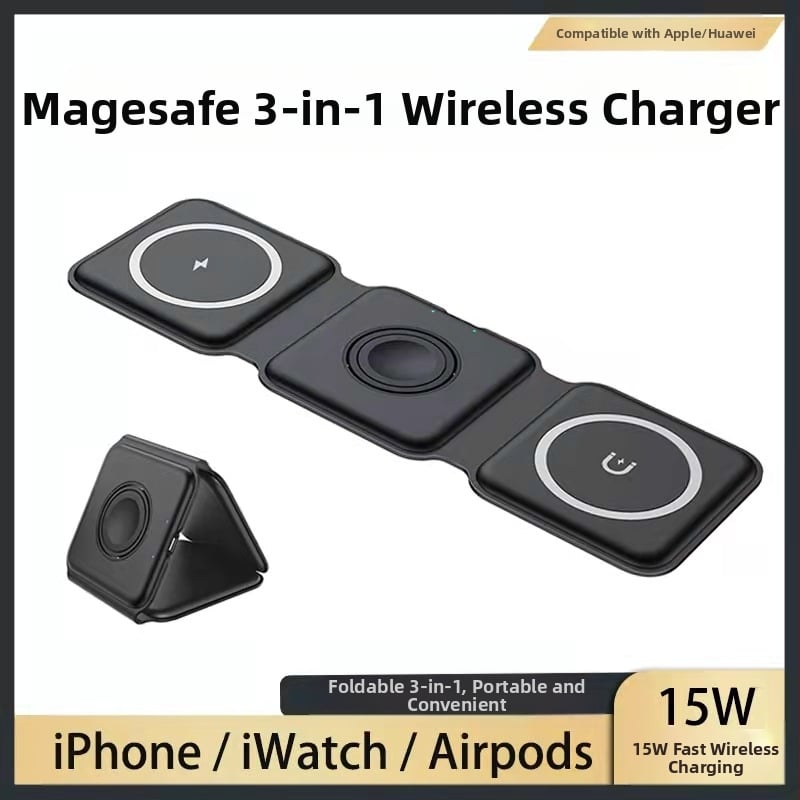Ново сгъваемо магнитно безжично зарядно устройство MagSafe три в едно за Apple 12-14 мобилен телефон, слушалки и часовник