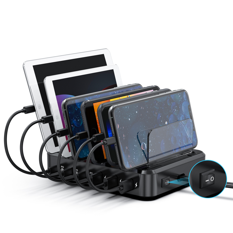 6 prievadų įkrovimo stovas, 140 W įkroviklis, kelių prievadų PD įkroviklis, stalinis įkrovimo stotelė, tinkanti mobiliųjų telefonų, planšetinių kompiuterių greitam įkrovimui