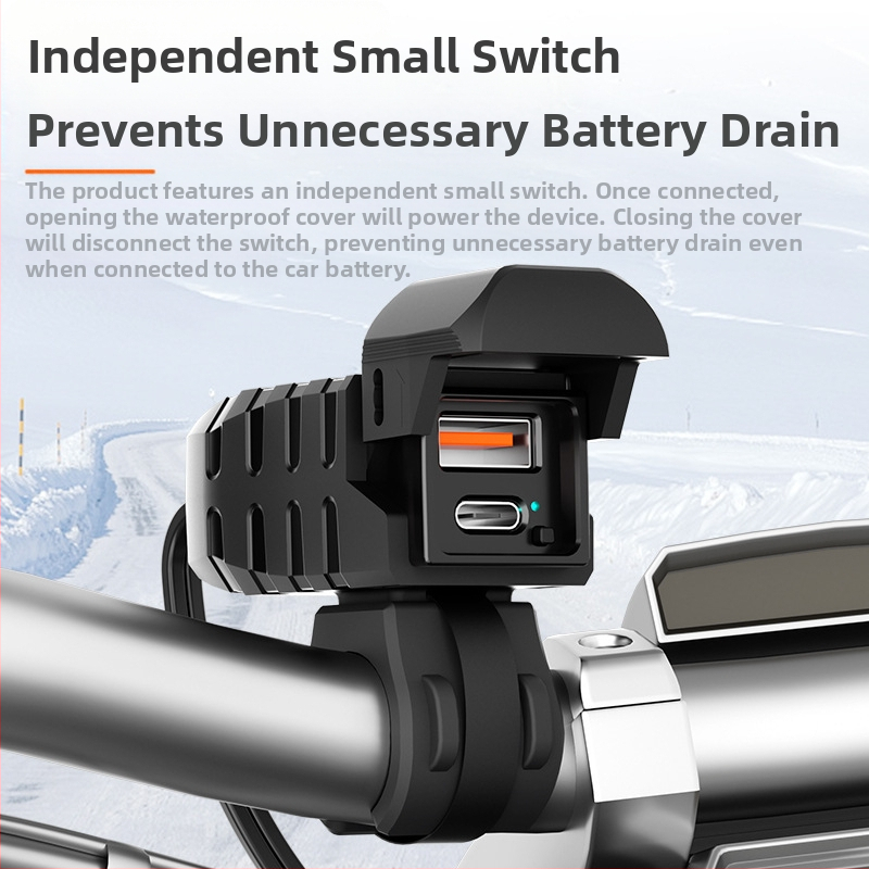 Motociklo mobiliojo telefono įkroviklis su mini jungiklio ekrano apšvietimu, Pd itin greitas įkrovimas, atsparus vandeniui, išmanusis ekranas