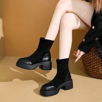 Storapadiai moteriški aulinukai 2025 m. rudeniui, nauji britiško stiliaus aksominiai trumpi aulinukai, storakulniai aukštakulniai, elastingi aulinukai, ploni moteriški aulinukai